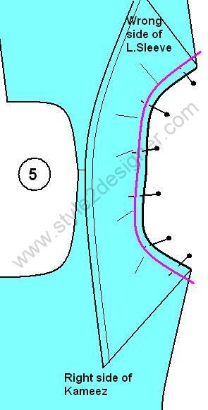 5.Place the Sleeves right side on the top of Kameez armhole area respectively. Pin it and sew along with ¼” armhole seam allowance.